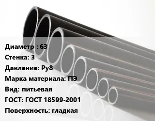 Труба полиэтиленовая 63х3 Ру8 ПЭ питьевая ГОСТ: ГОСТ 18599-2001 гладкая